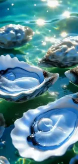 Glistening ocean shells floating on turquoise water.