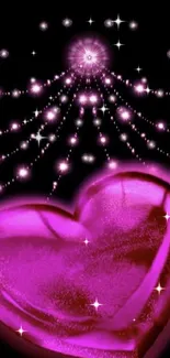 Glistening pink heart with sparkling stars on a dark background.