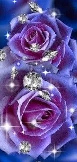 Glistening purple rose wallpaper with diamonds.