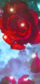 Glistening red rose against a mystical blue background with petals.