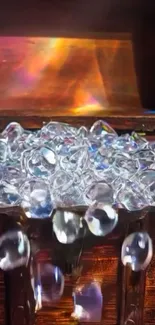 Glistening treasure chest with sparkling gems overflowing.