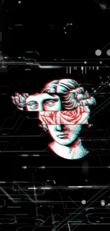 Glitch art wallpaper featuring a classical Greek sculpture with digital effects.