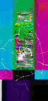 Glitch art wallpaper with vibrant colors and cracked screen effect.