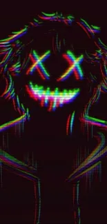 Glitch-style smiling figure with neon colors on a dark background.