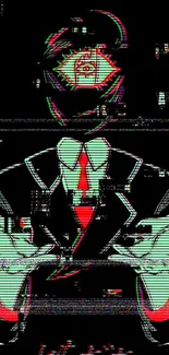 Glitch effect wallpaper with a masked figure in a suit and red tie.