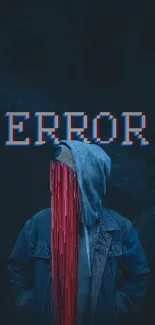 Dark glitch error wallpaper with red pixels and hooded figure.