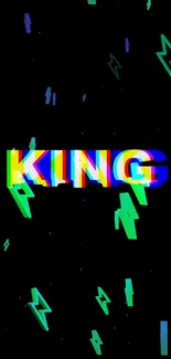 Neon glitch art wallpaper with 'KING' text and abstract lightning bolts.