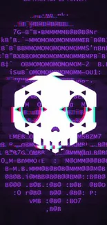 Glitch skull wallpaper with digital effects and purple hues.