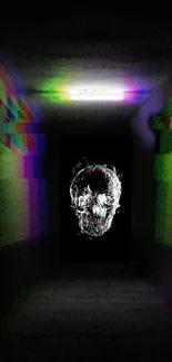 A glitch art wallpaper with a neon skull in a dark tunnel.