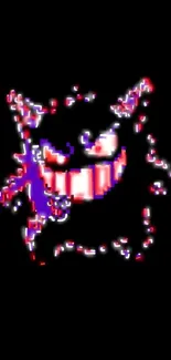 Glitch art wallpaper of a neon smiling creature on black background.