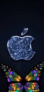 Glittering apple logo with colorful butterfly on dark background wallpaper.