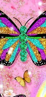 Vibrant glittery butterfly on pink background wallpaper.