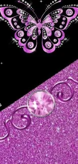 Mobile wallpaper with a glittery purple butterfly and jewel accents.