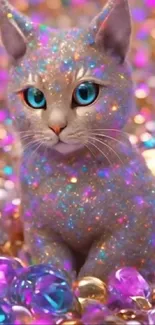 Sparkling cat with gemstones in vibrant colors as mobile wallpaper.