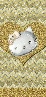 Glittery gold heart with a silver cat design.