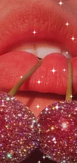 Glittery cherries held against vibrant lips in this aesthetic wallpaper.