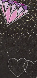 Mobile wallpaper with a pink diamond and glittering hearts on a black background.