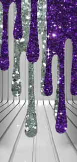 Purple and silver glitter drip wallpaper with a modern, shiny design.