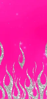 Hot pink wallpaper with silver glitter flames design.