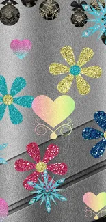 Colorful floral and heart glitter wallpaper on metallic background.