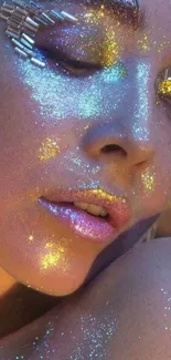 Close-up of a face with glitter and metallic accents in vivid hues.