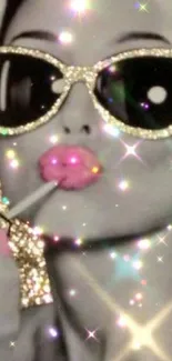 Glamorous woman with glittery sunglasses and pink lips in a sparkling wallpaper.