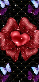 Red glitter heart with colorful butterflies on black wallpaper.