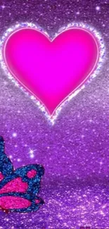 Pink heart and butterfly on purple glitter background mobile wallpaper.