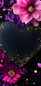 Glittering black heart with colorful flowers.