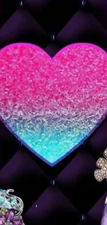 Glitter heart with gems wallpaper in pink and blue shades.