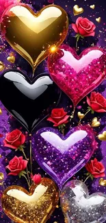 Glittery heart balloons with red roses on a purple background.