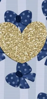 Gold glitter heart with blue polka dot bows wallpaper design.