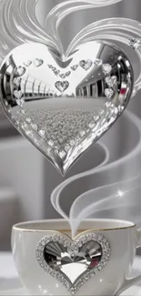 Shimmering heart design over coffee mug.