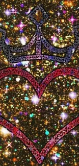 Glittery heart with crown on sparkling background.