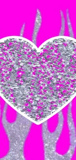 Pink glitter heart wallpaper with silver flames.