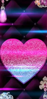 Pink and blue glitter heart with jewels on black background.