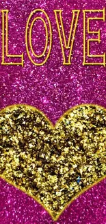 Pink glitter wallpaper with gold heart and love text.