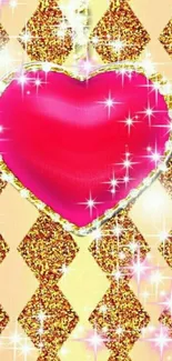 Dazzling glitter heart with gold background.