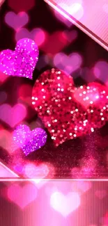 Sparkling glitter hearts in pink and red hues on a mobile wallpaper.