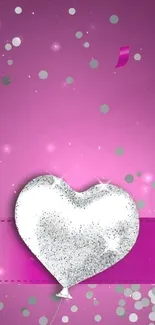 Glittery silver heart balloon on purple background wallpaper.