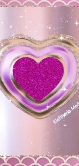 Pink glitter heart with gold accents on a stylish background.