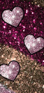 Glamorous glitter heart wallpaper with pink and purple shimmering tones.