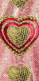 Gold glitter hearts on pink background mobile wallpaper.