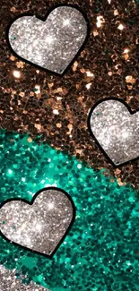 Sparkling glitter hearts in turquoise, brown, and silver on a mobile background.