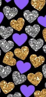 Glitter heart wallpaper with purple, gold, and silver on black background.