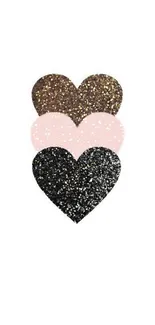 Three glittering hearts in brown, pink, and black on a white background.