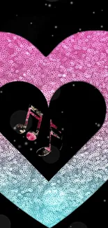 Colorful glitter heart with music notes wallpaper.