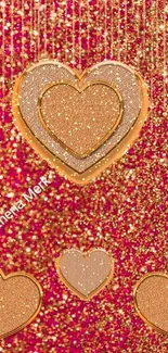 Shimmering pink and gold heart wallpaper with vibrant glitter accents.