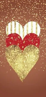 Gold glitter and red heart design on brown background wallpaper.