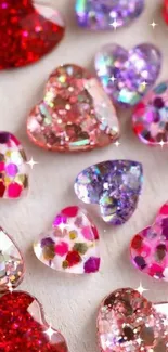 Colorful glitter hearts wallpaper in pinks and reds.